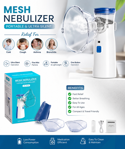 Portable Mesh Nebulizer Machine – Ultra Silent Handheld Steam Inhaler for Kids & Adults | USB Rechargeable Nebulizer